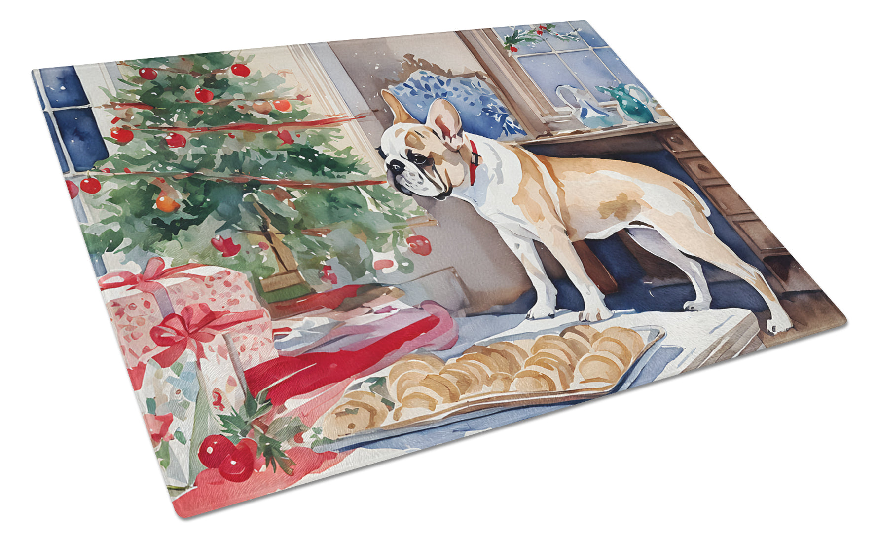 French Bulldog Christmas Cookies Cutting Board Tempered Glass Kitchen Cutting Surface, Heat Resistant Chopping, Non-Slip Feet, Food Prep & Serving
