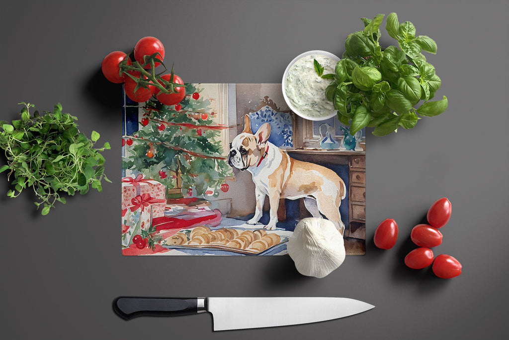 French Bulldog Christmas Cookies Cutting Board Tempered Glass Kitchen Cutting Surface, Heat Resistant Chopping, Non-Slip Feet, Food Prep & Serving