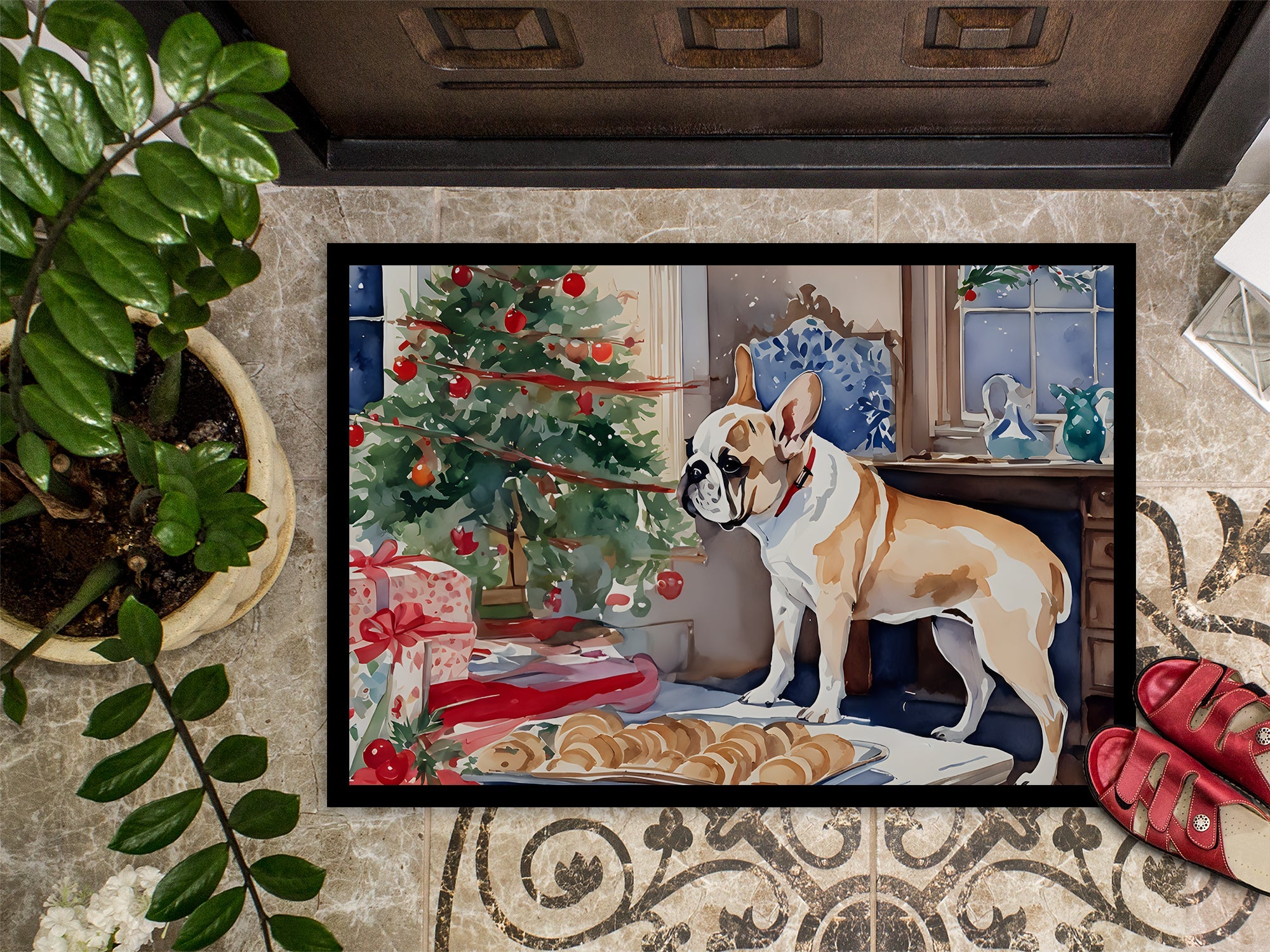 French Bulldog Christmas Cookies Doormat Indoor Outdoor 18H X 27W Front Door Mat Rugs for Entryway, Non Slip Washable