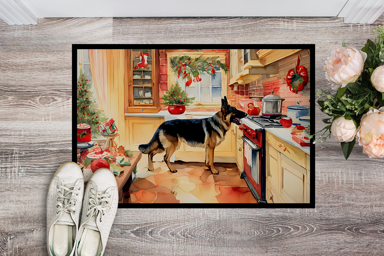 German Shepherd Christmas Cookies Doormat Indoor Outdoor 18H X 27W Front Door Mat Rugs for Entryway, Non Slip Washable