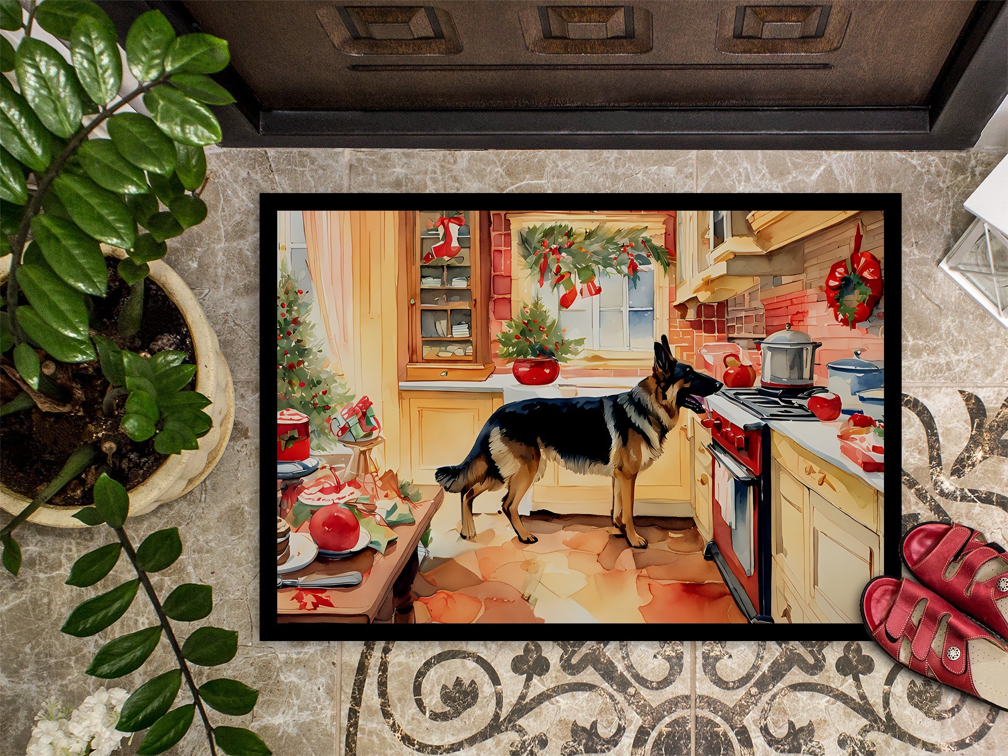 German Shepherd Christmas Cookies Doormat Indoor Outdoor 18H X 27W Front Door Mat Rugs for Entryway, Non Slip Washable