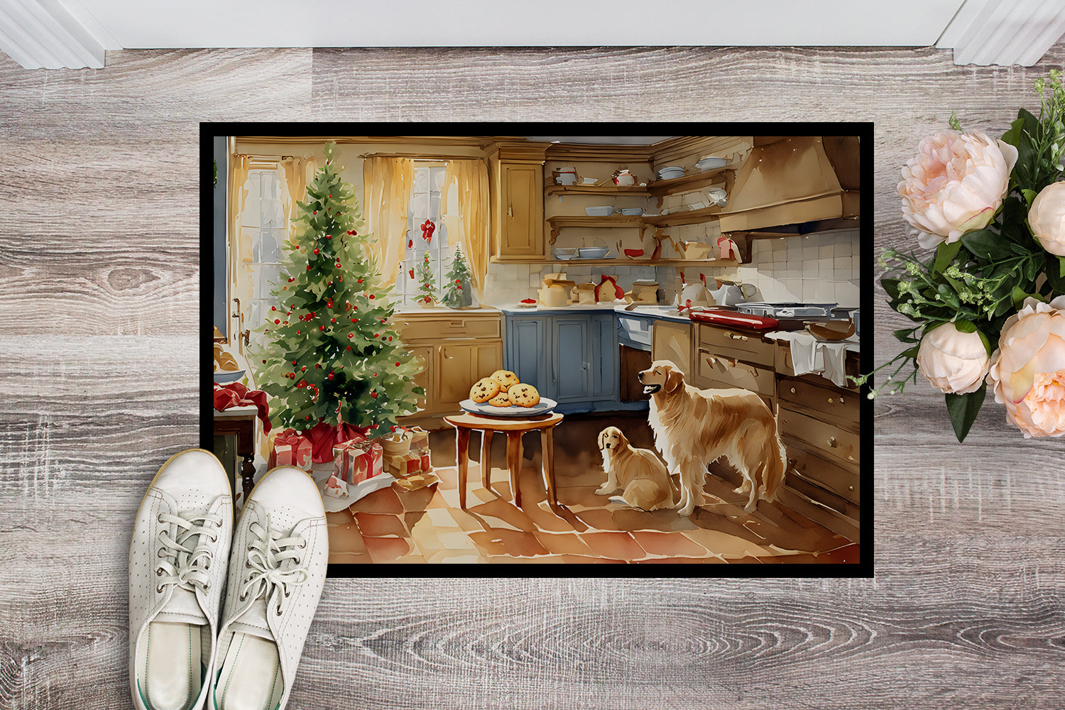 Golden Retriever Christmas Cookies Doormat Indoor Outdoor 18H X 27W Front Door Mat Rugs for Entryway, Non Slip Washable