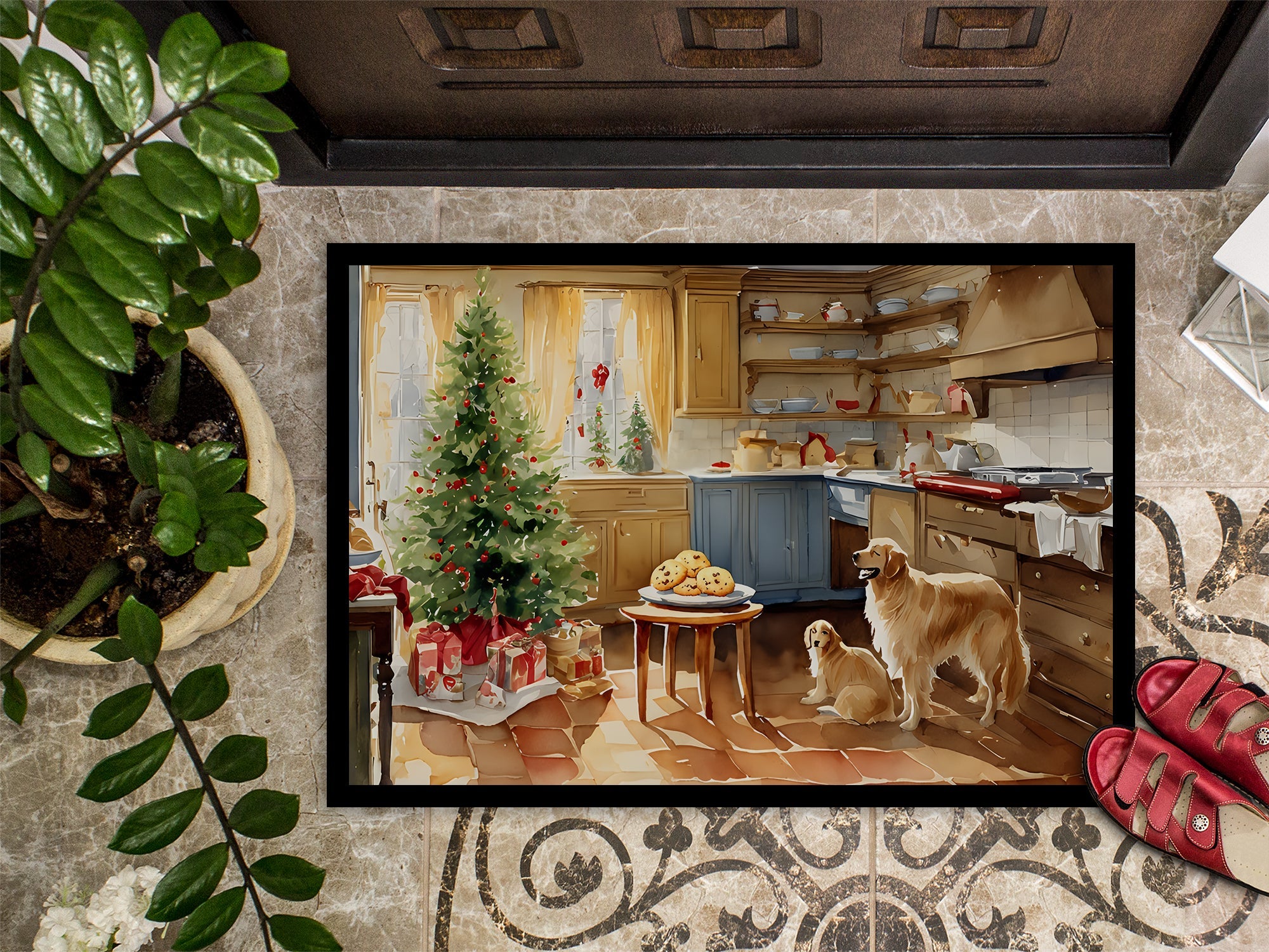 Golden Retriever Christmas Cookies Doormat Indoor Outdoor 18H X 27W Front Door Mat Rugs for Entryway, Non Slip Washable
