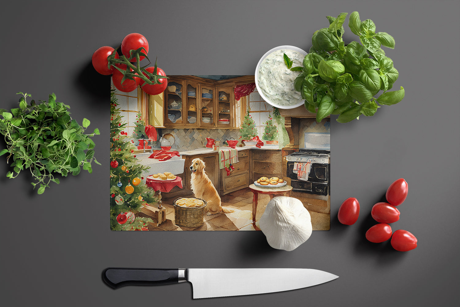 Golden Retriever Christmas Cookies Cutting Board Tempered Glass Kitchen Cutting Surface, Heat Resistant Chopping, Non-Slip Feet, Food Prep & Serving