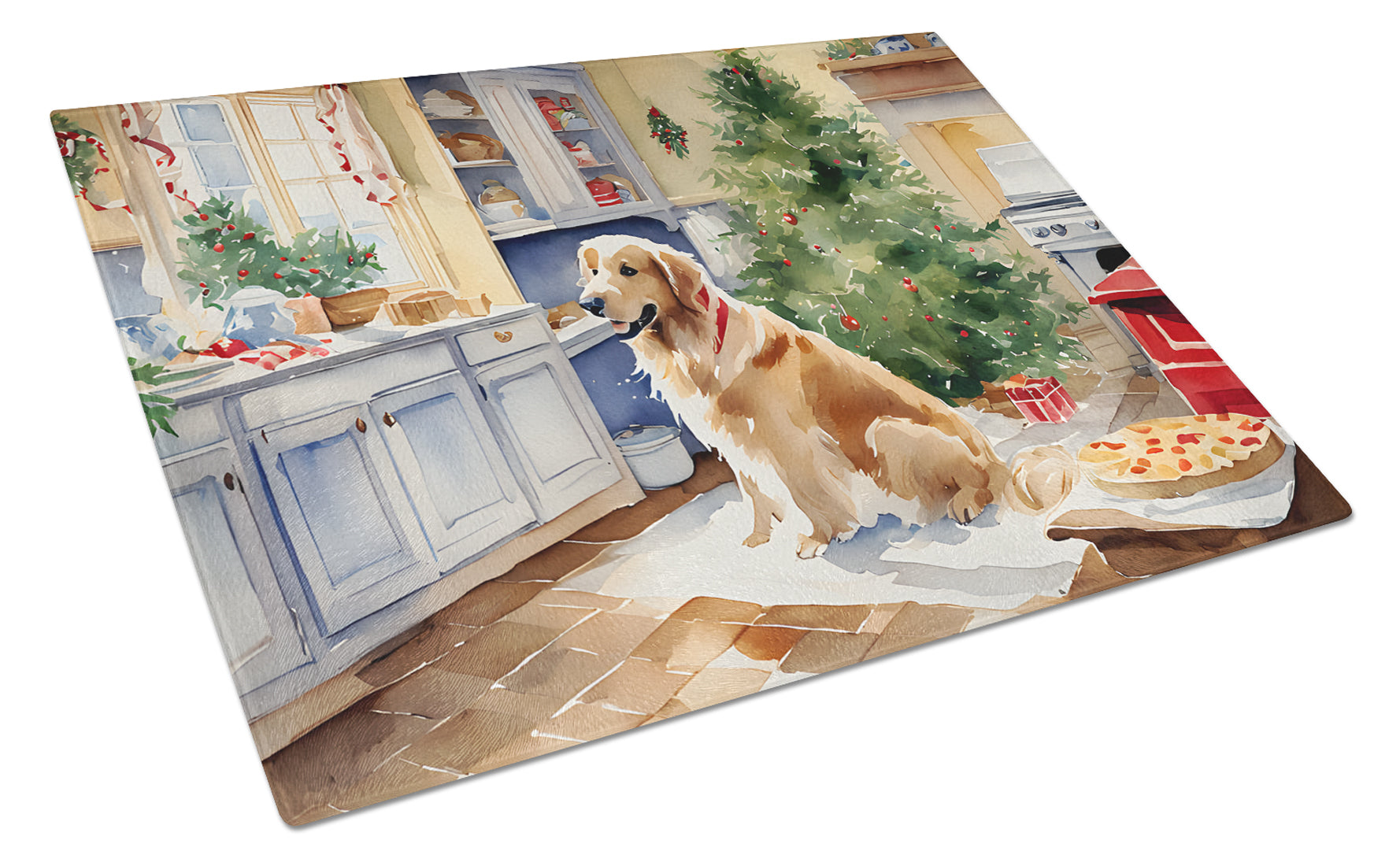 Golden Retriever Christmas Cookies Cutting Board Tempered Glass Kitchen Cutting Surface, Heat Resistant Chopping, Non-Slip Feet, Food Prep & Serving