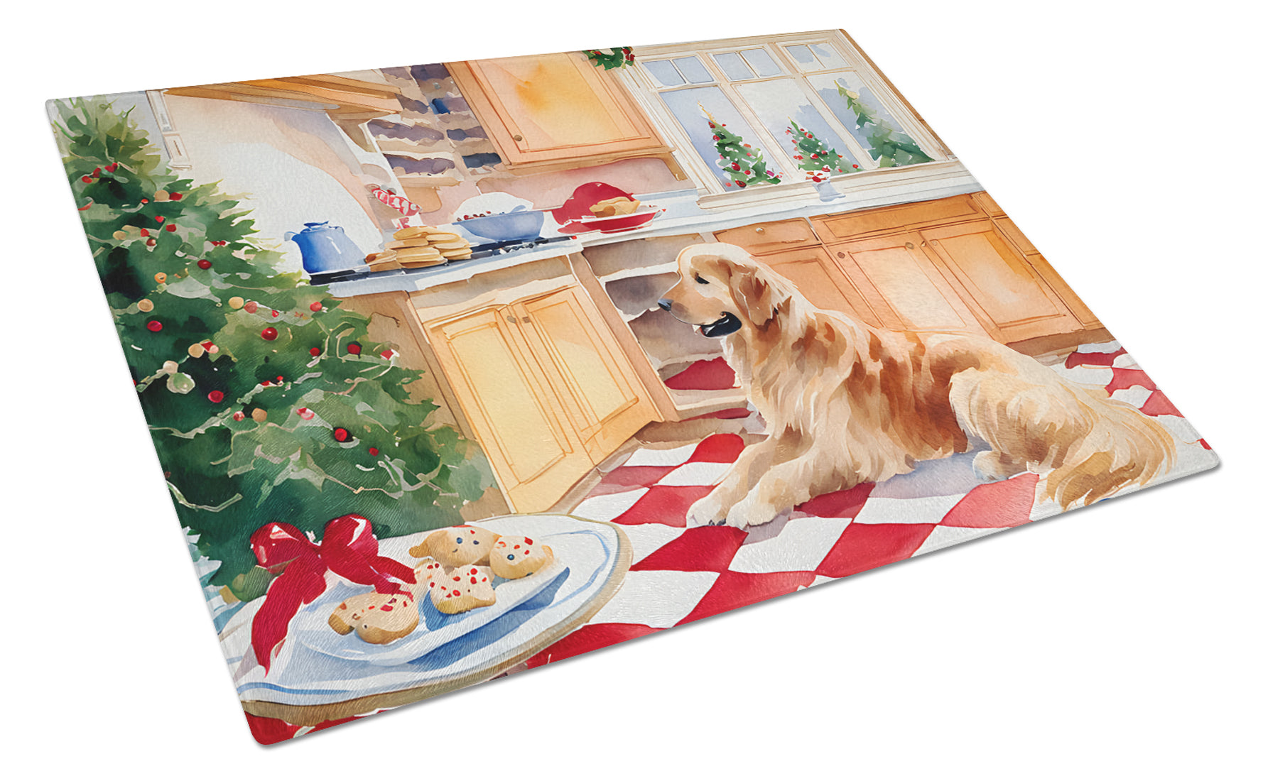 Golden Retriever Christmas Cookies Cutting Board Tempered Glass Kitchen Cutting Surface, Heat Resistant Chopping, Non-Slip Feet, Food Prep & Serving
