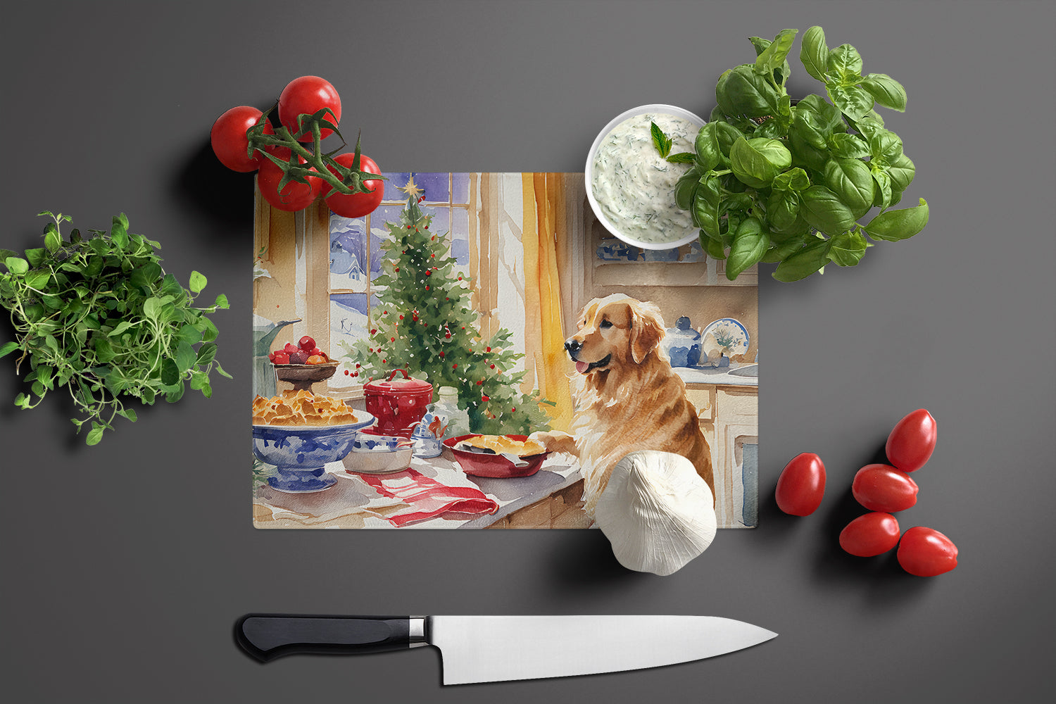 Golden Retriever Christmas Cookies Cutting Board Tempered Glass Kitchen Cutting Surface, Heat Resistant Chopping, Non-Slip Feet, Food Prep & Serving