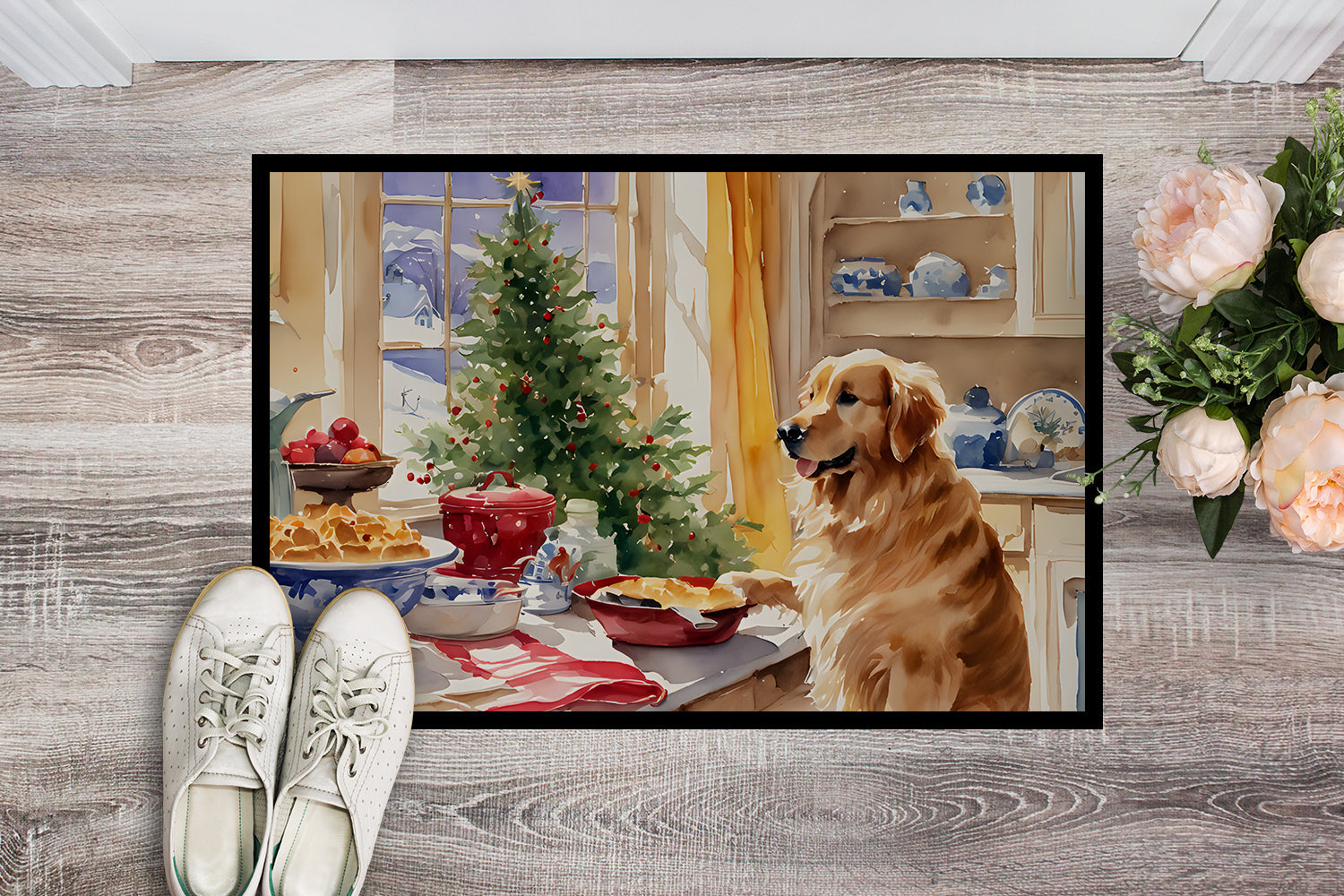 Golden Retriever Christmas Cookies Doormat Indoor Outdoor 18H X 27W Front Door Mat Rugs for Entryway, Non Slip Washable