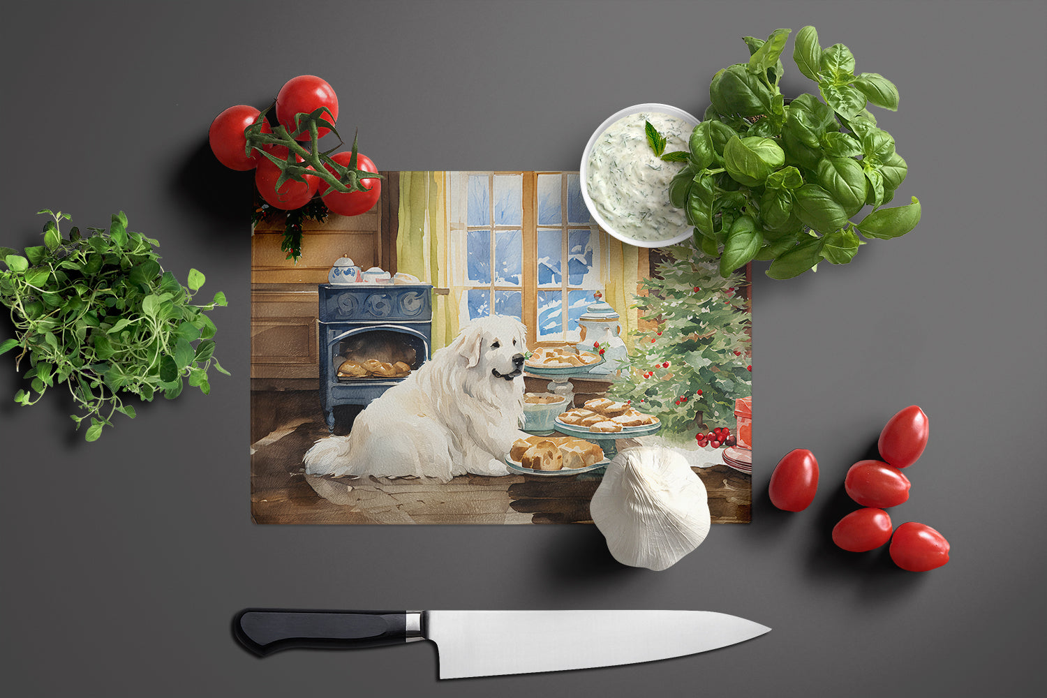 Great Pyrenees Christmas Cookies Cutting Board Tempered Glass Kitchen Cutting Surface, Heat Resistant Chopping, Non-Slip Feet, Food Prep & Serving