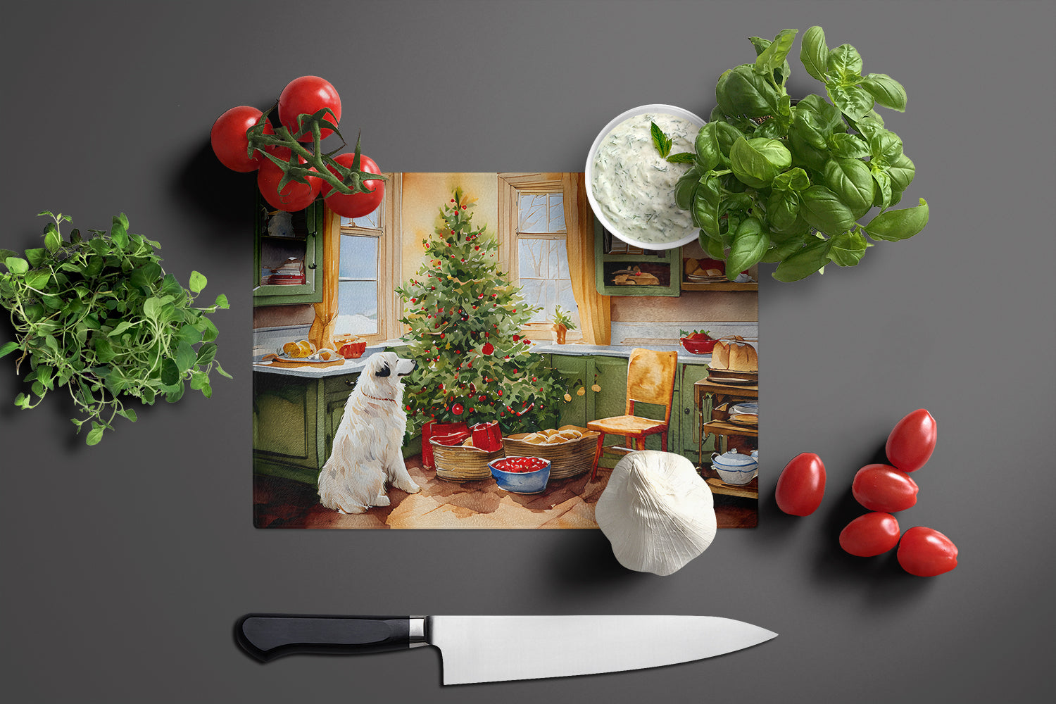 Great Pyrenees Christmas Cookies Cutting Board Tempered Glass Kitchen Cutting Surface, Heat Resistant Chopping, Non-Slip Feet, Food Prep & Serving
