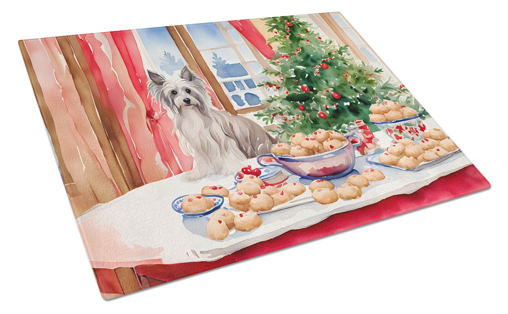 Chinese Crested Christmas Cookies Cutting Board Tempered Glass Kitchen Cutting Surface, Heat Resistant Chopping, Non-Slip Feet, Food Prep & Serving