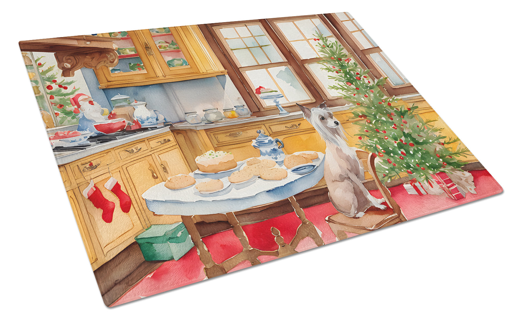 Chinese Crested Christmas Cookies Cutting Board Tempered Glass Kitchen Cutting Surface, Heat Resistant Chopping, Non-Slip Feet, Food Prep & Serving