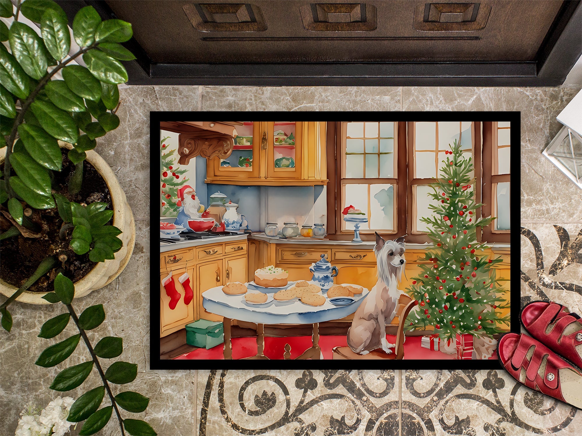 Chinese Crested Christmas Cookies Doormat Indoor Outdoor 18H X 27W Front Door Mat Rugs for Entryway, Non Slip Washable