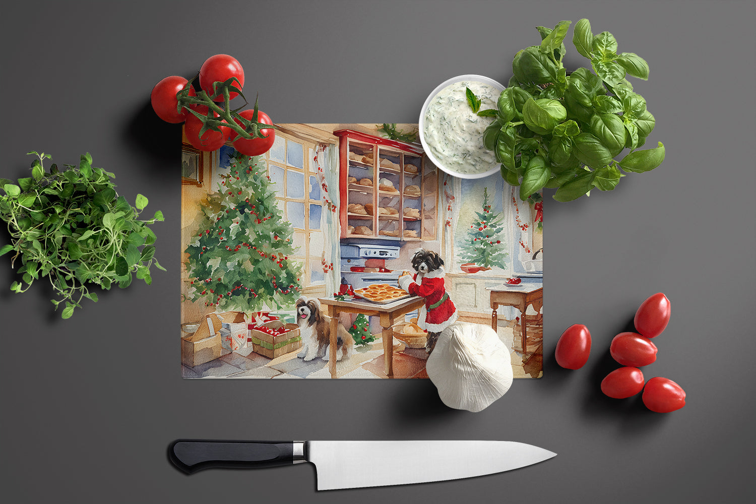 Havanese Christmas Cookies Cutting Board Tempered Glass Kitchen Cutting Surface, Heat Resistant Chopping, Non-Slip Feet, Food Prep & Serving
