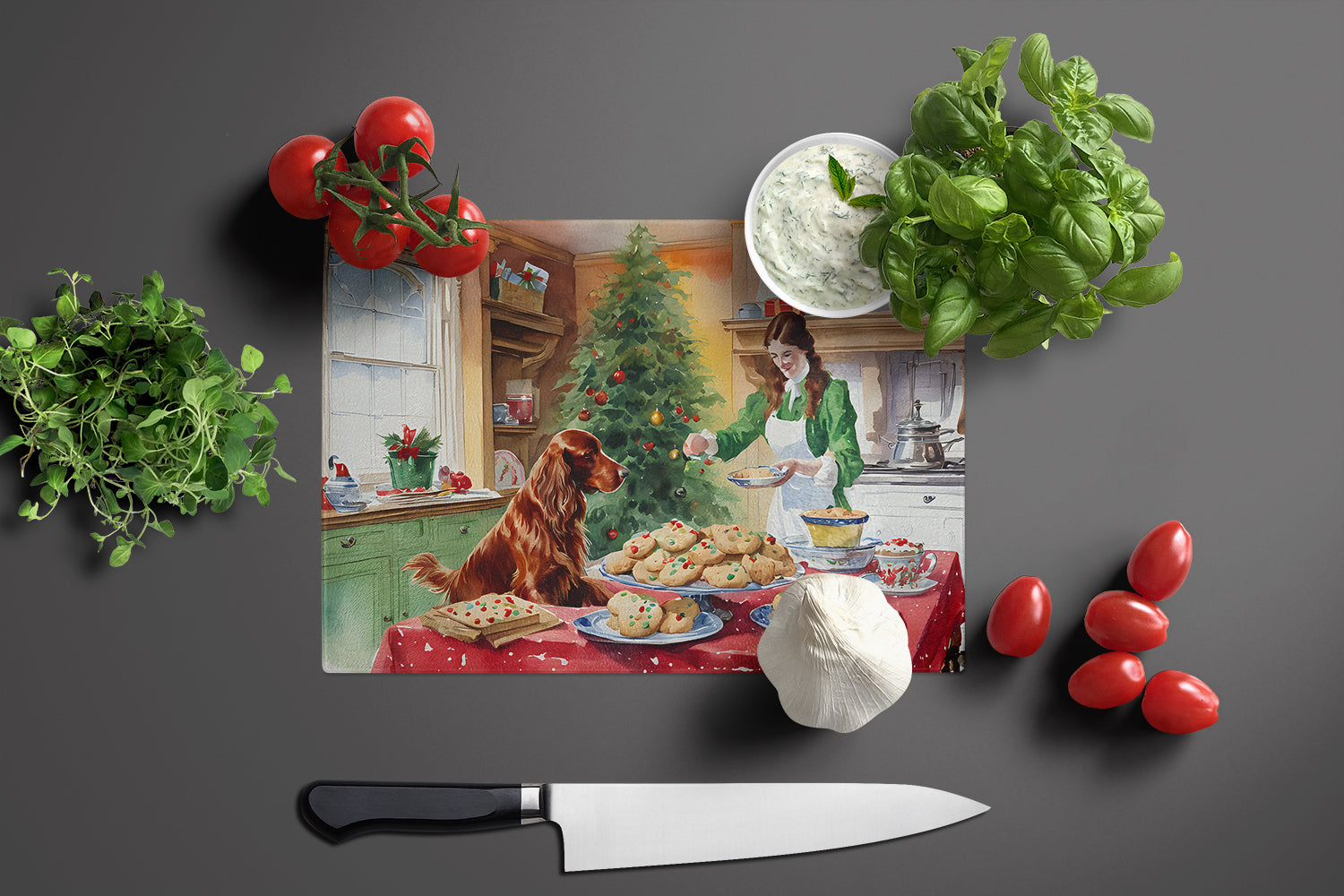 Irish Setter Christmas Cookies Cutting Board Tempered Glass Kitchen Cutting Surface, Heat Resistant Chopping, Non-Slip Feet, Food Prep & Serving