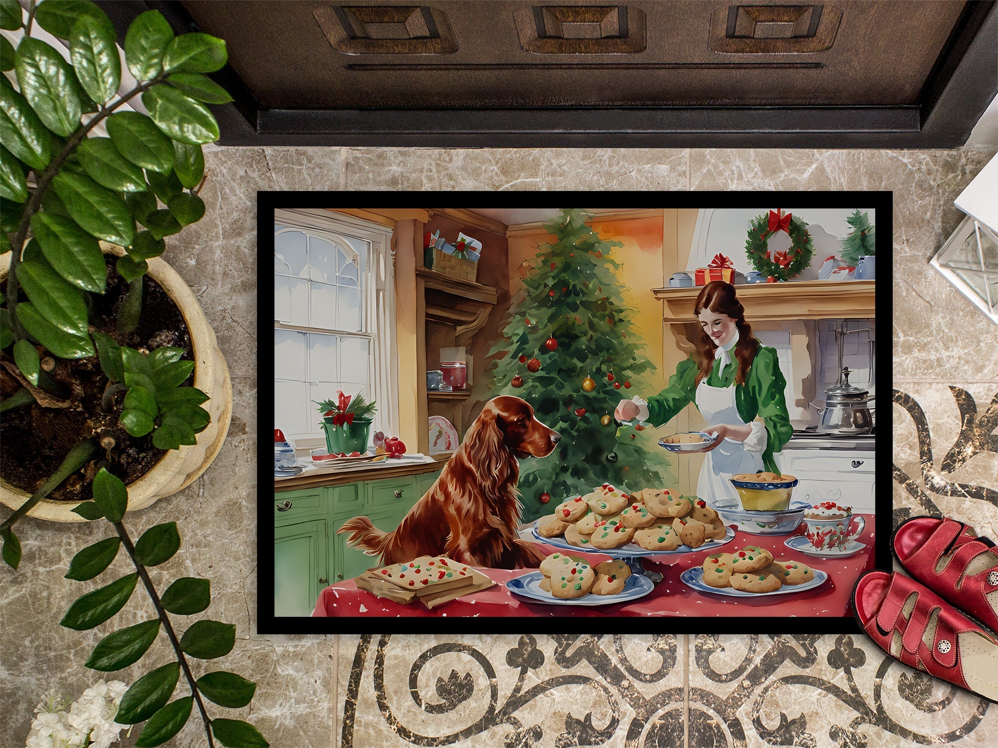 Irish Setter Christmas Cookies Doormat Indoor Outdoor 18H X 27W Front Door Mat Rugs for Entryway, Non Slip Washable