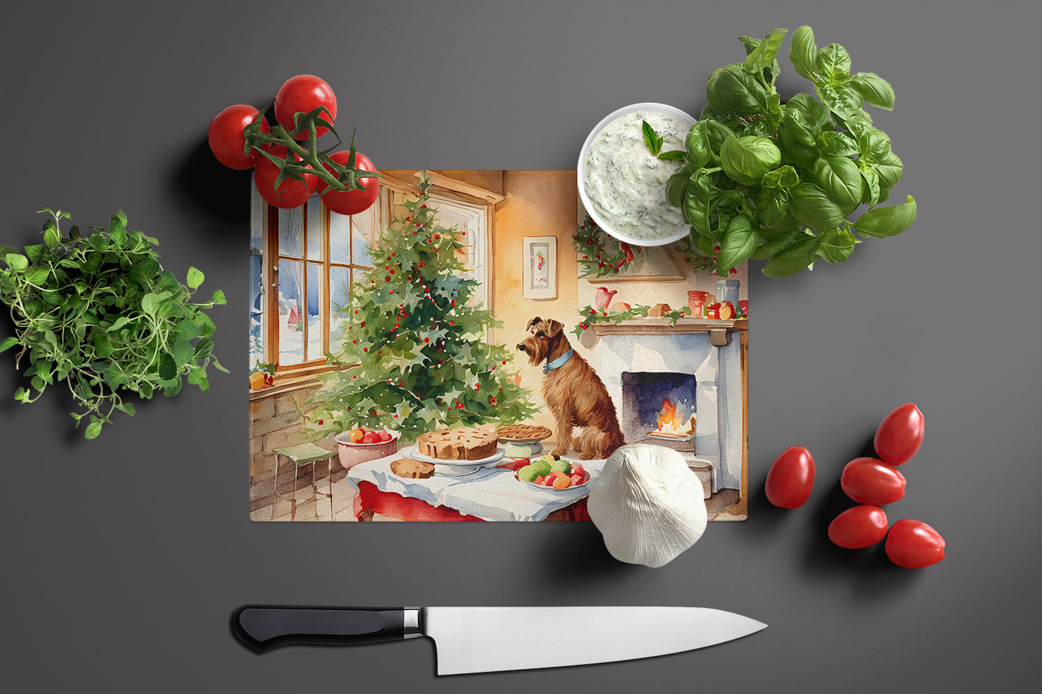 Irish Terrier Christmas Cookies Cutting Board Tempered Glass Kitchen Cutting Surface, Heat Resistant Chopping, Non-Slip Feet, Food Prep & Serving