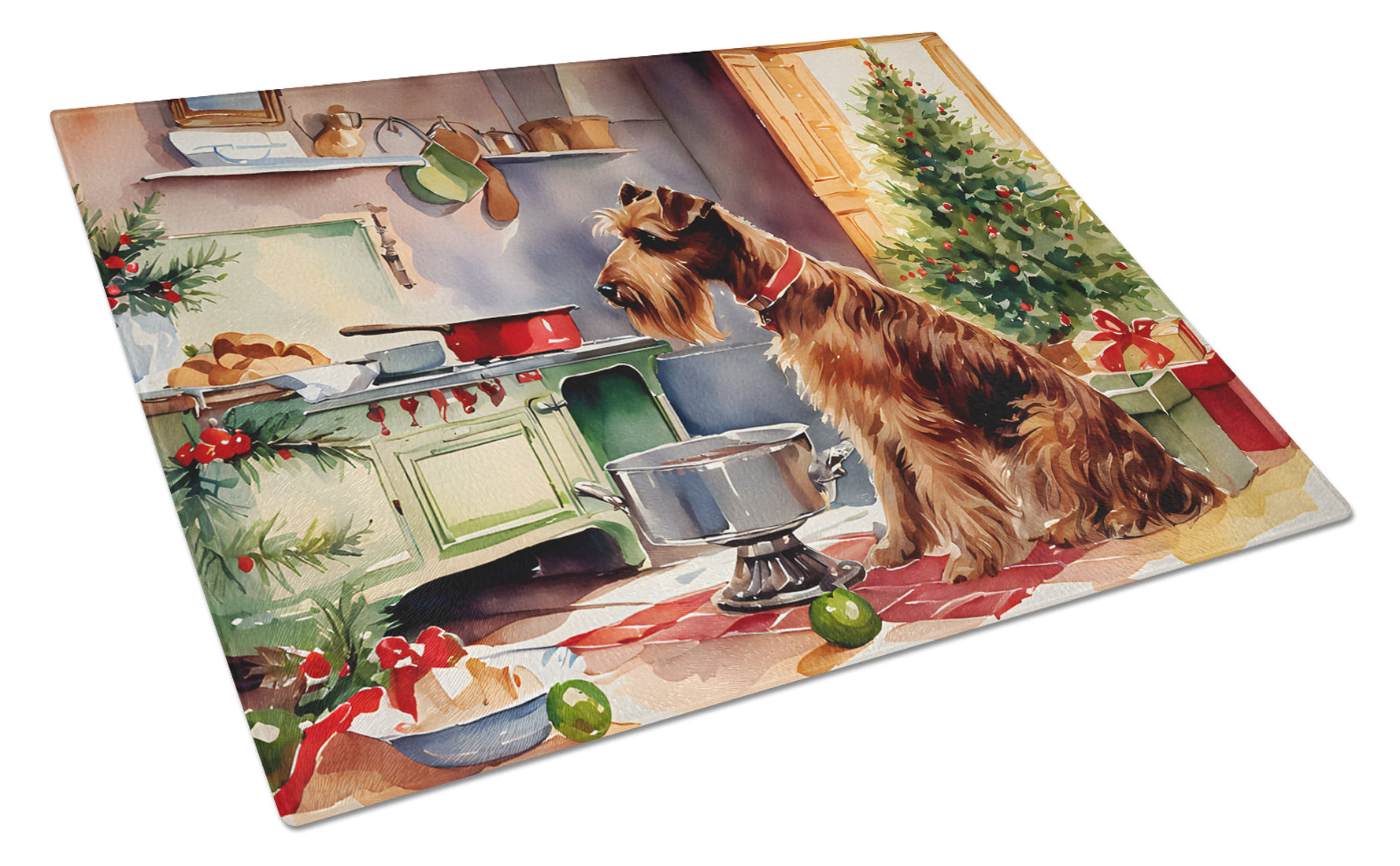 Irish Terrier Christmas Cookies Cutting Board Tempered Glass Kitchen Cutting Surface, Heat Resistant Chopping, Non-Slip Feet, Food Prep & Serving