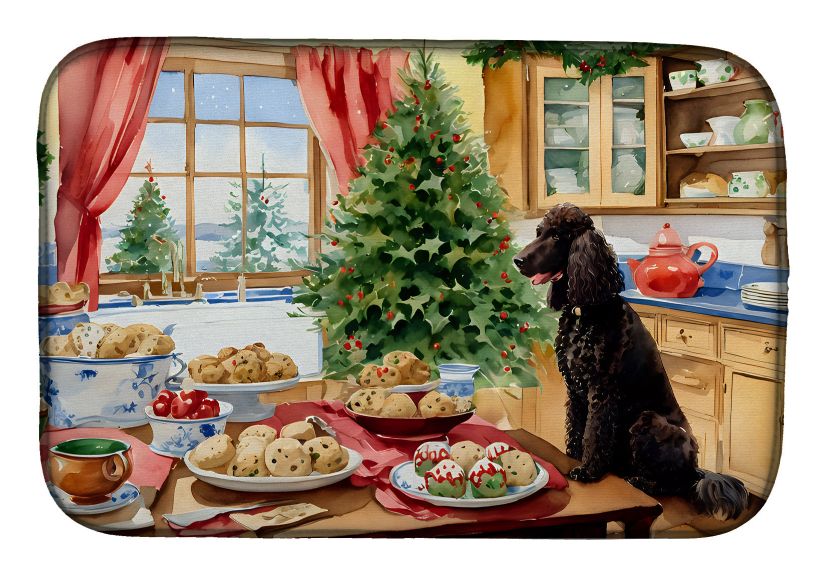Irish Water Spaniel Christmas Cookies Dish Drying Mat Absorbent Dish Drying Mat Pad for Kitchen Counter Dish Drainer Mat for Countertop, 14 x 21", Multicolor