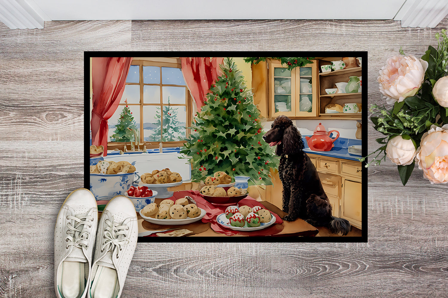 Irish Water Spaniel Christmas Cookies Doormat Indoor Outdoor 18H X 27W Front Door Mat Rugs for Entryway, Non Slip Washable