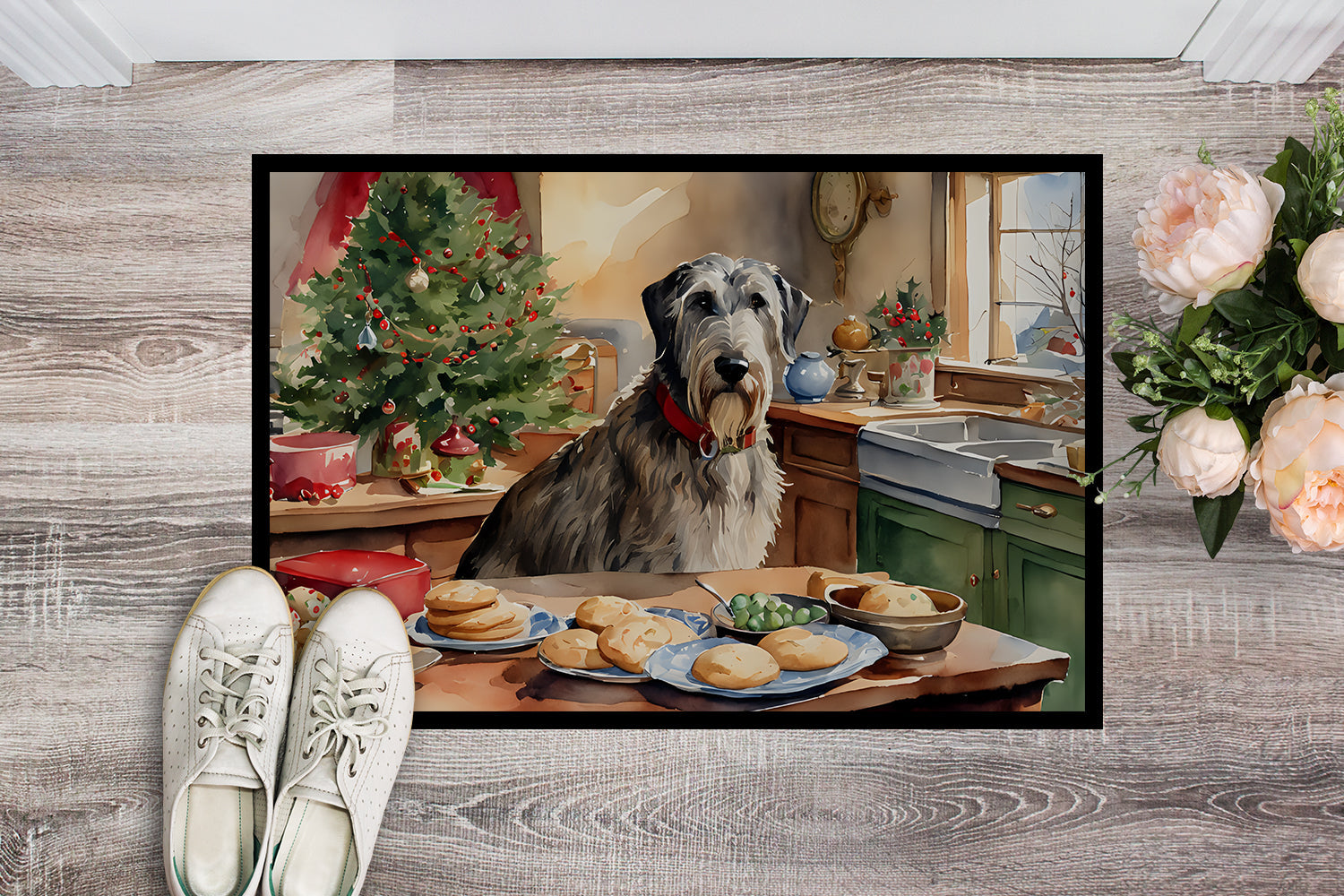 Irish Wolfhound Christmas Cookies Doormat Indoor Outdoor 18H X 27W Front Door Mat Rugs for Entryway, Non Slip Washable