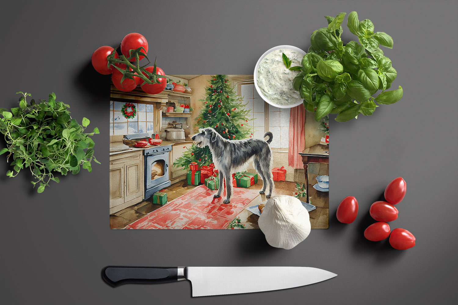 Irish Wolfhound Christmas Cookies Cutting Board Tempered Glass Kitchen Cutting Surface, Heat Resistant Chopping, Non-Slip Feet, Food Prep & Serving