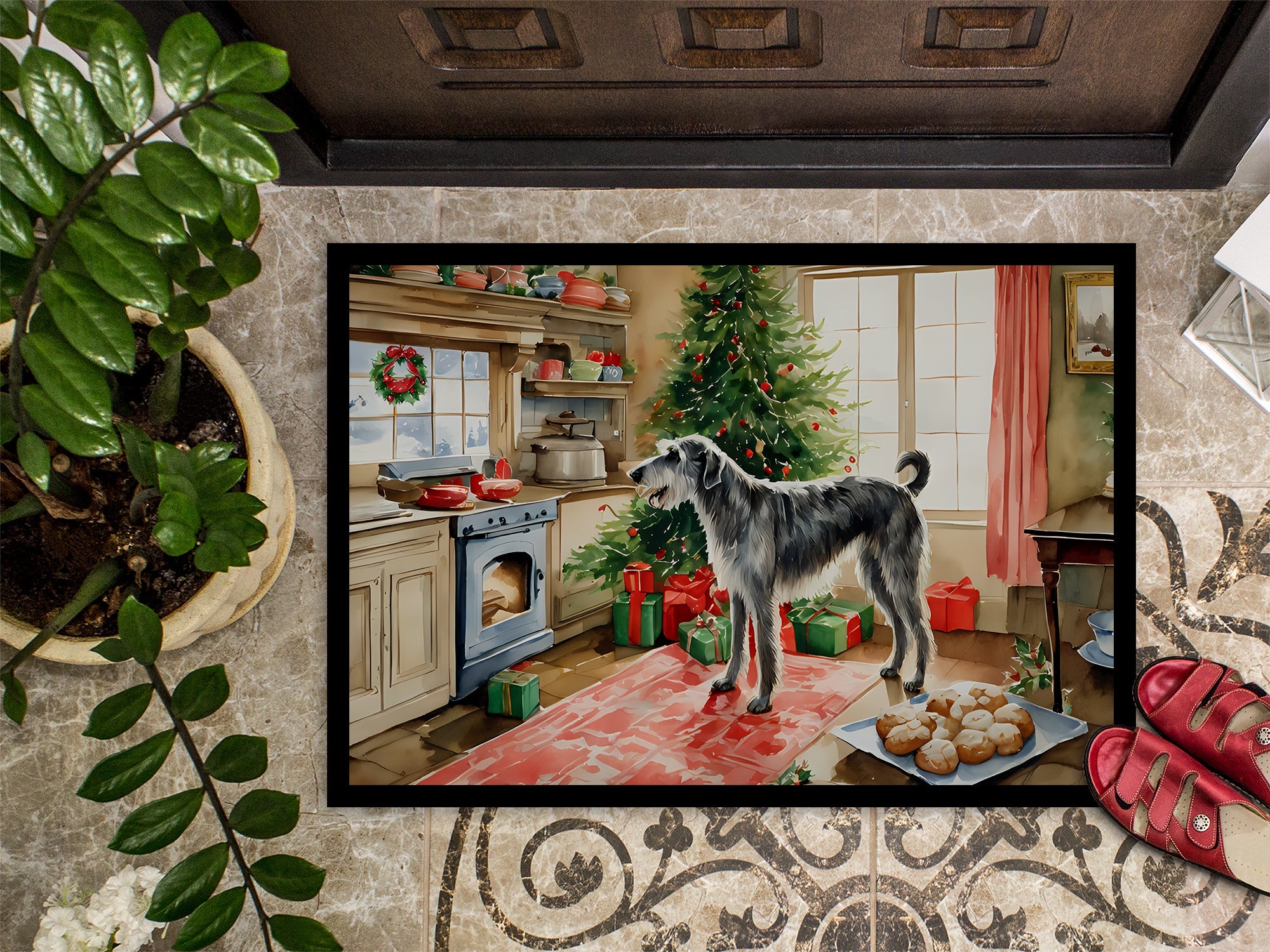 Irish Wolfhound Christmas Cookies Doormat Indoor Outdoor 18H X 27W Front Door Mat Rugs for Entryway, Non Slip Washable