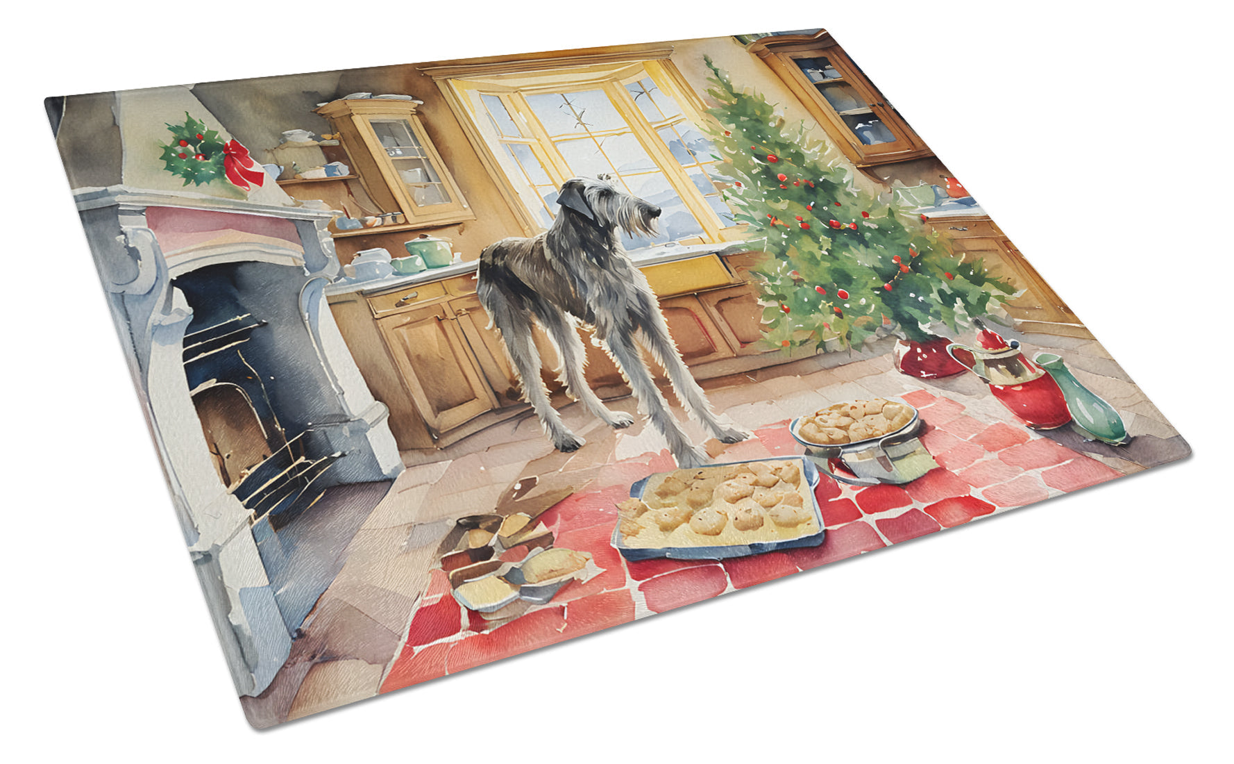 Irish Wolfhound Christmas Cookies Cutting Board Tempered Glass Kitchen Cutting Surface, Heat Resistant Chopping, Non-Slip Feet, Food Prep & Serving