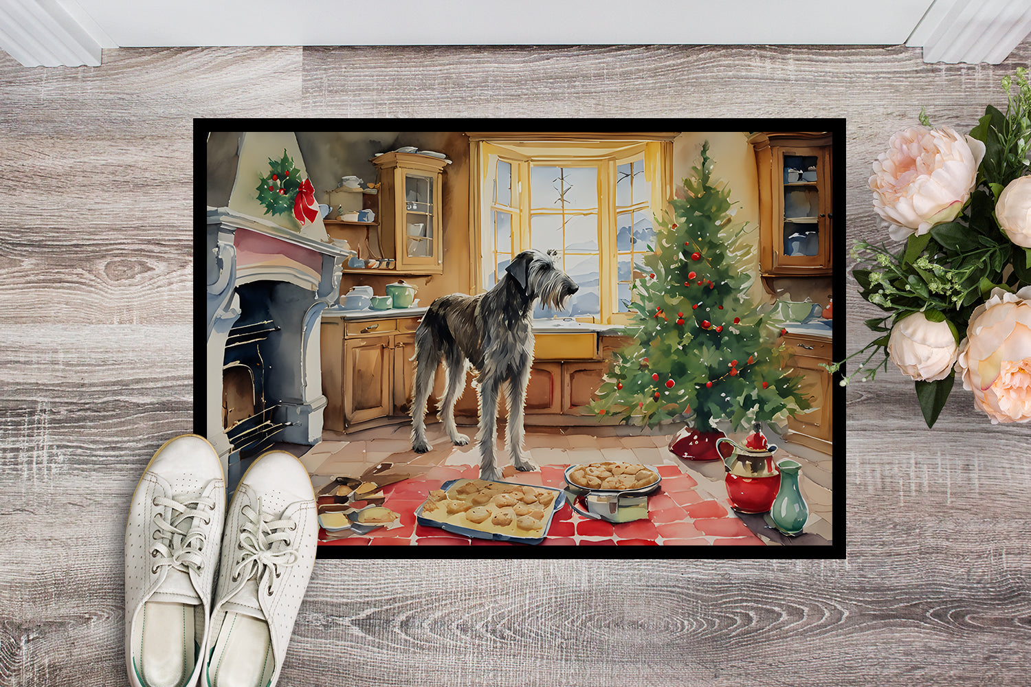 Irish Wolfhound Christmas Cookies Doormat Indoor Outdoor 18H X 27W Front Door Mat Rugs for Entryway, Non Slip Washable