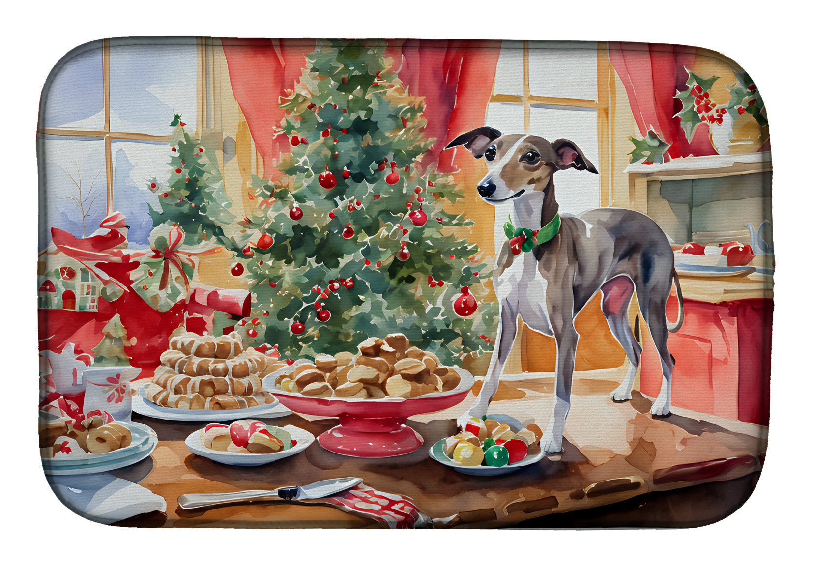 Italian Greyhound Christmas Cookies Dish Drying Mat Absorbent Dish Drying Mat Pad for Kitchen Counter Dish Drainer Mat for Countertop, 14 x 21", Multicolor
