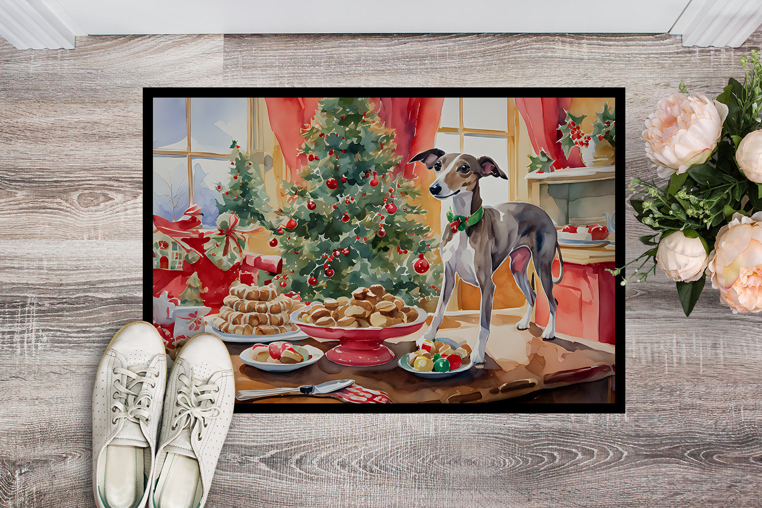 Italian Greyhound Christmas Cookies Doormat Indoor Outdoor 18H X 27W Front Door Mat Rugs for Entryway, Non Slip Washable