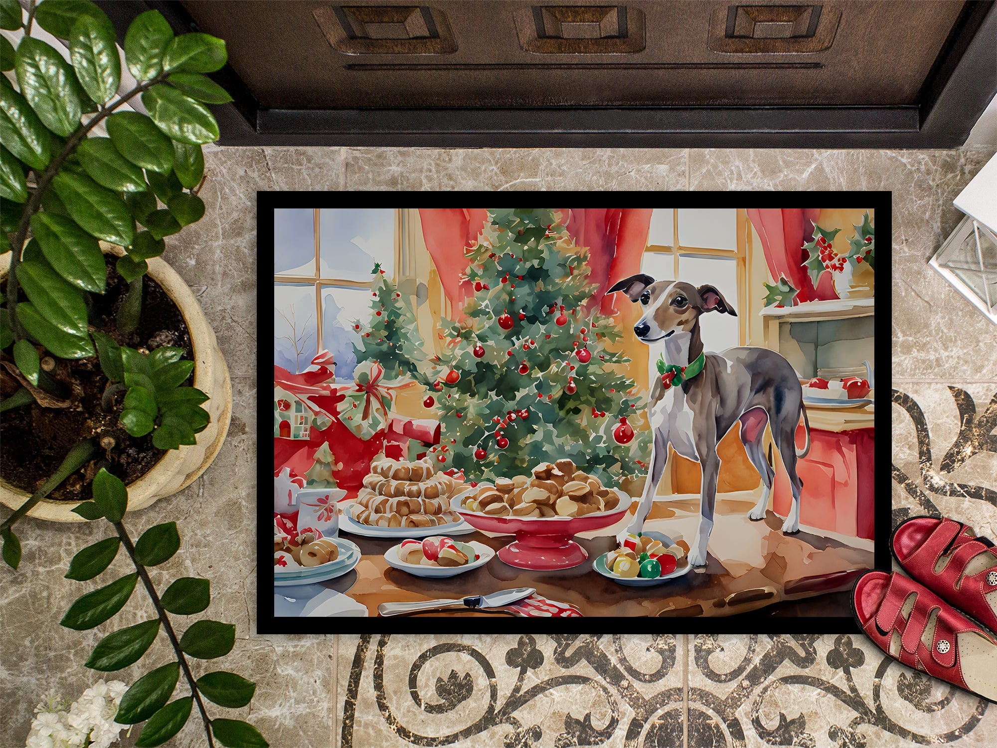 Italian Greyhound Christmas Cookies Doormat Indoor Outdoor 18H X 27W Front Door Mat Rugs for Entryway, Non Slip Washable