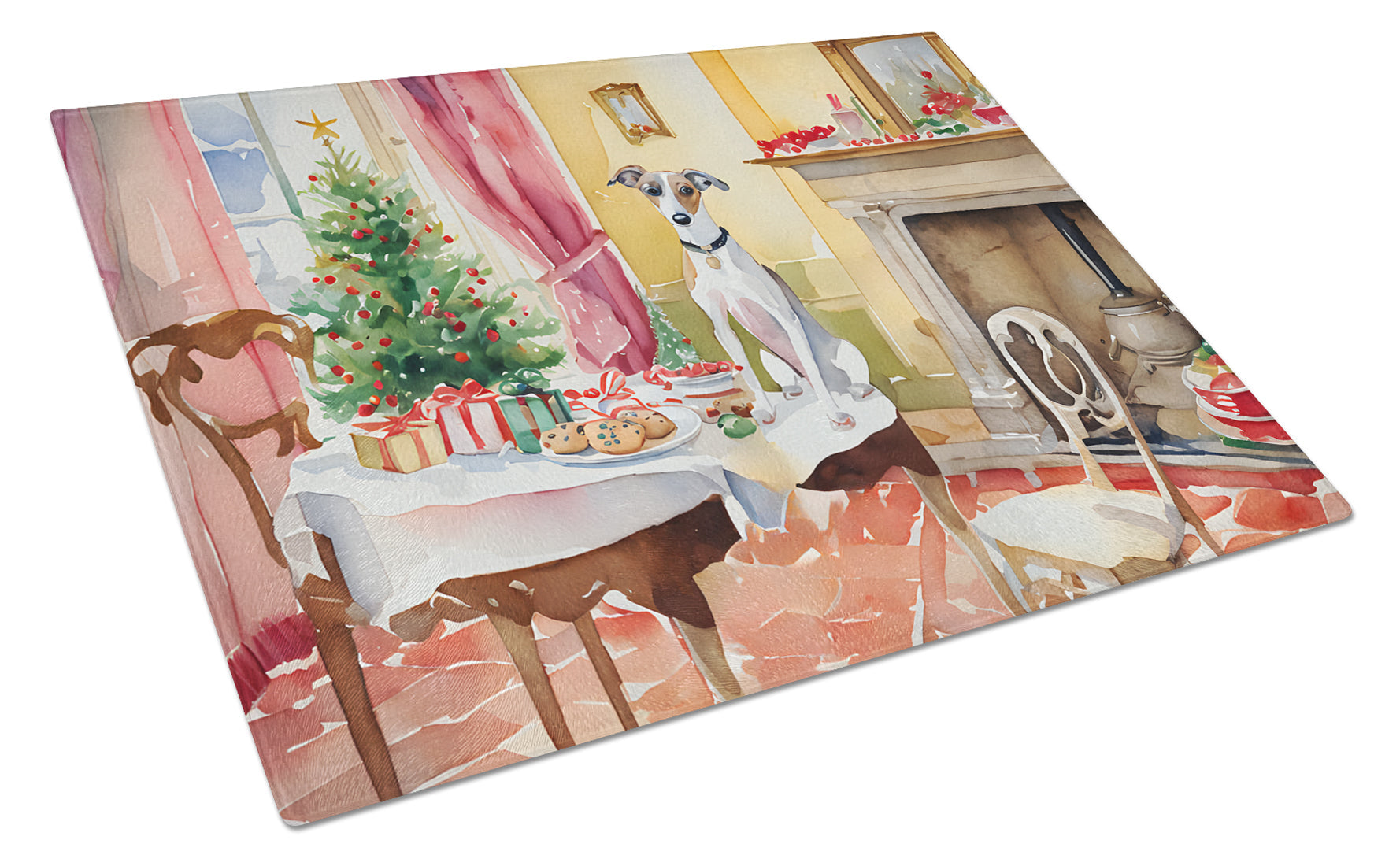 Italian Greyhound Christmas Cookies Cutting Board Tempered Glass Kitchen Cutting Surface, Heat Resistant Chopping, Non-Slip Feet, Food Prep & Serving
