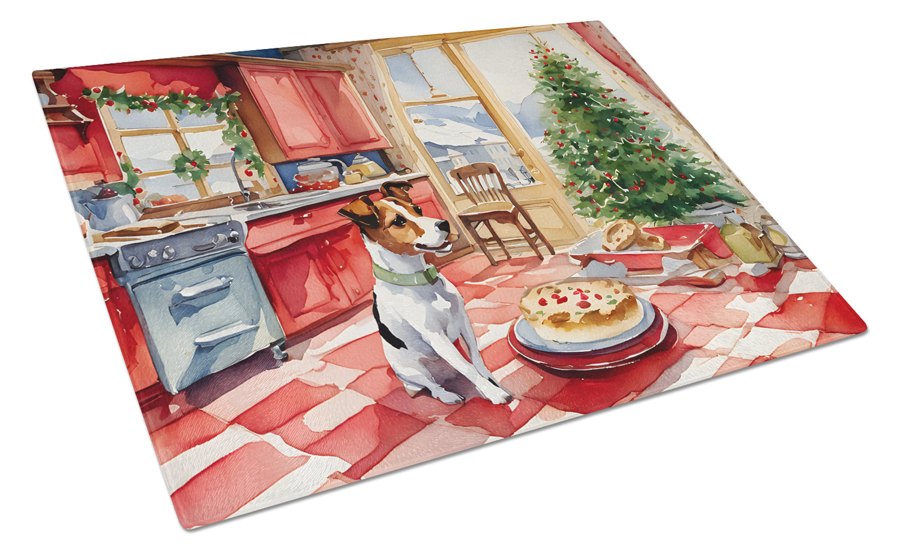 Jack Russell Terrier Christmas Cookies Cutting Board Tempered Glass Kitchen Cutting Surface, Heat Resistant Chopping, Non-Slip Feet, Food Prep & Serving