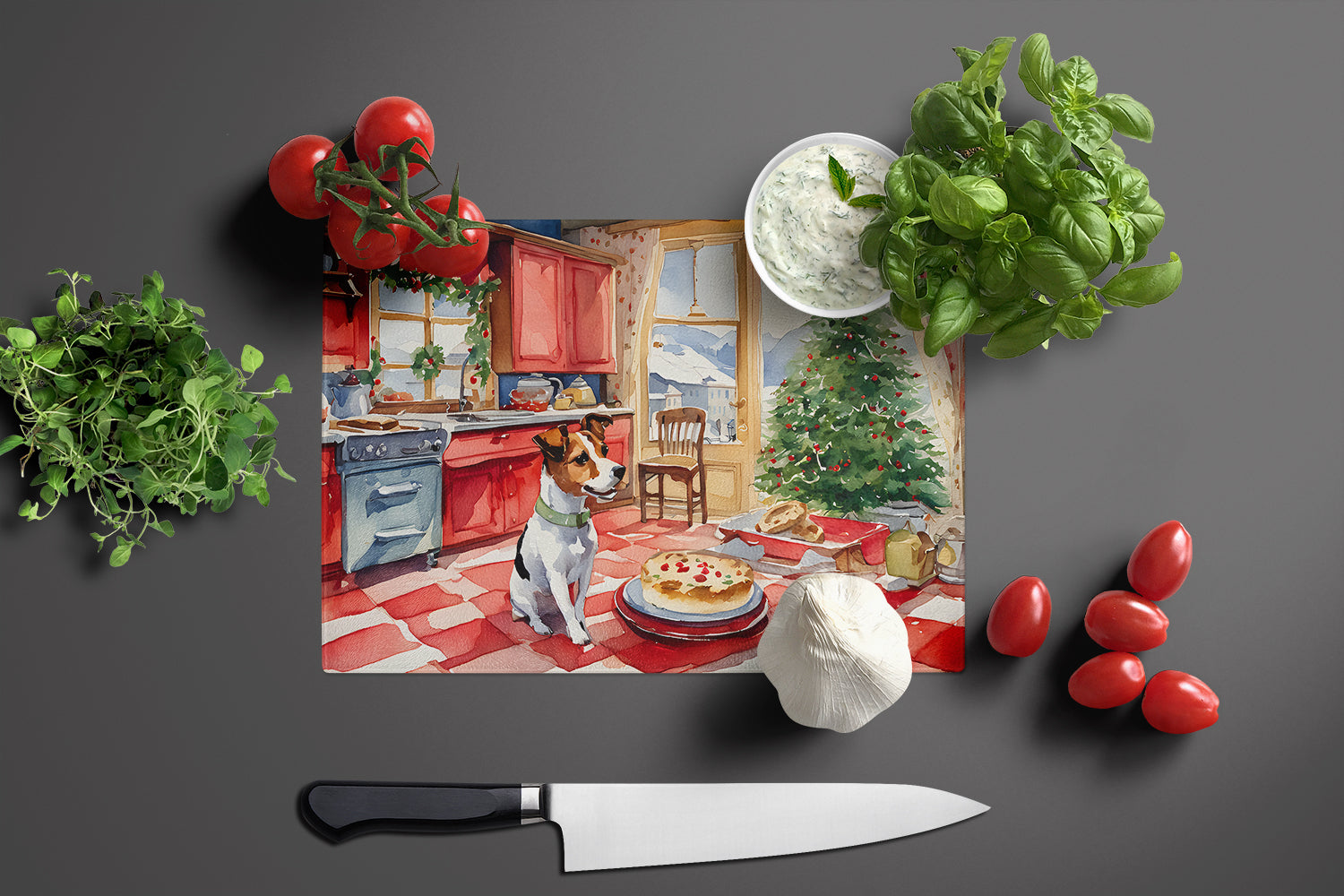Jack Russell Terrier Christmas Cookies Cutting Board Tempered Glass Kitchen Cutting Surface, Heat Resistant Chopping, Non-Slip Feet, Food Prep & Serving