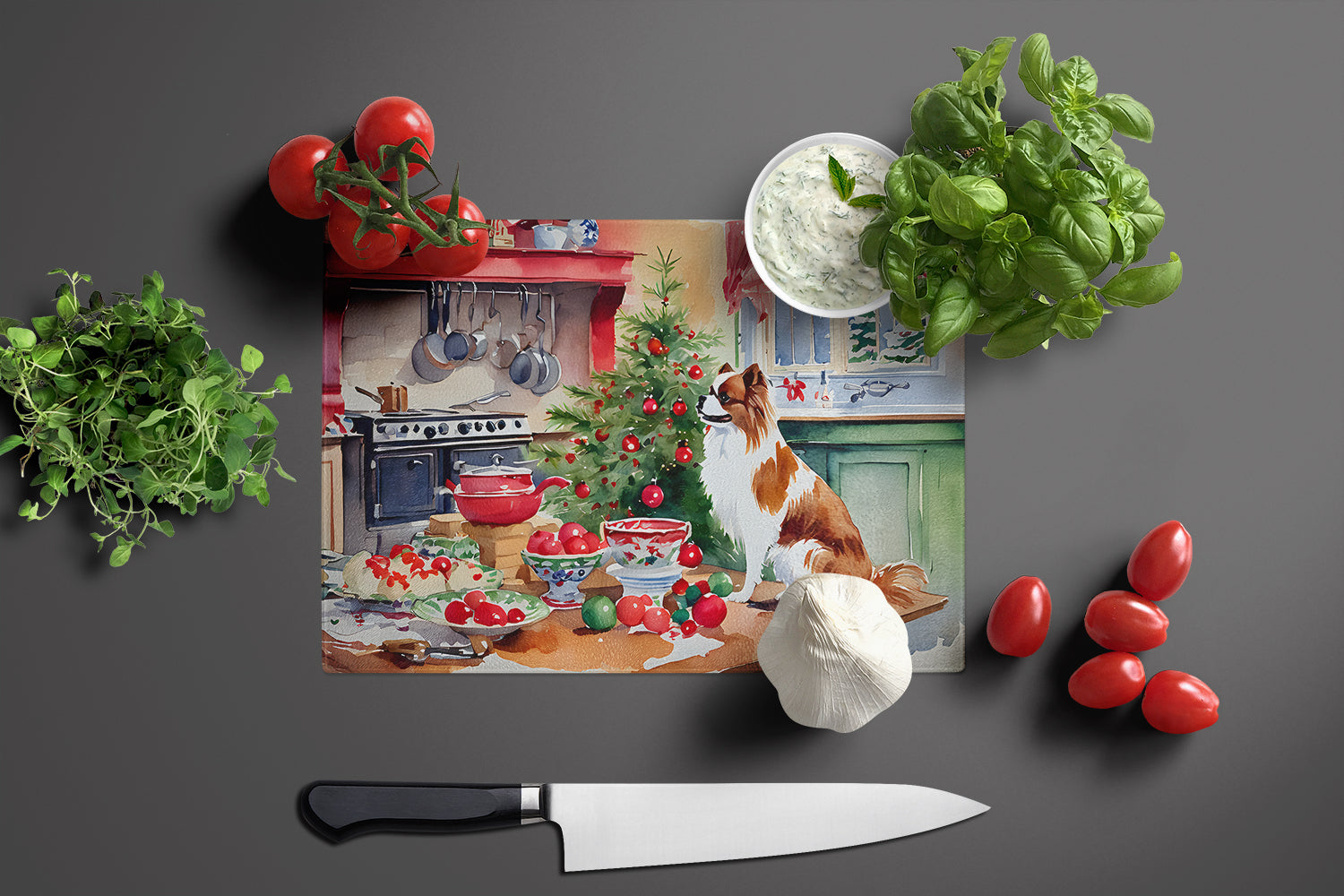 Japanese Chin Christmas Cookies Cutting Board Tempered Glass Kitchen Cutting Surface, Heat Resistant Chopping, Non-Slip Feet, Food Prep & Serving