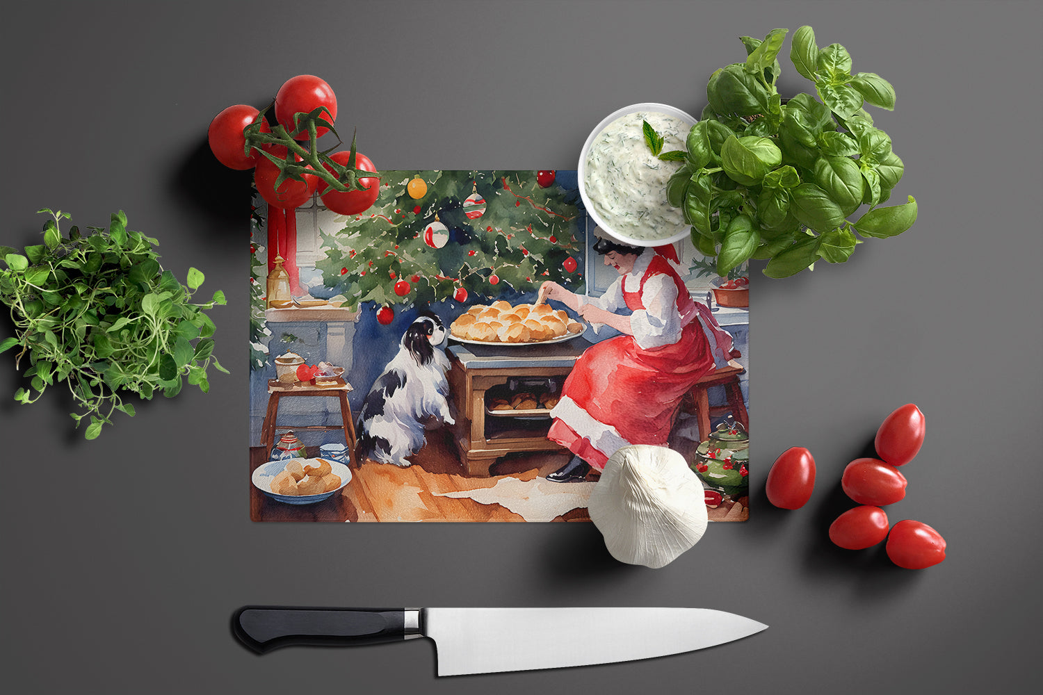 Japanese Chin Christmas Cookies Cutting Board Tempered Glass Kitchen Cutting Surface, Heat Resistant Chopping, Non-Slip Feet, Food Prep & Serving