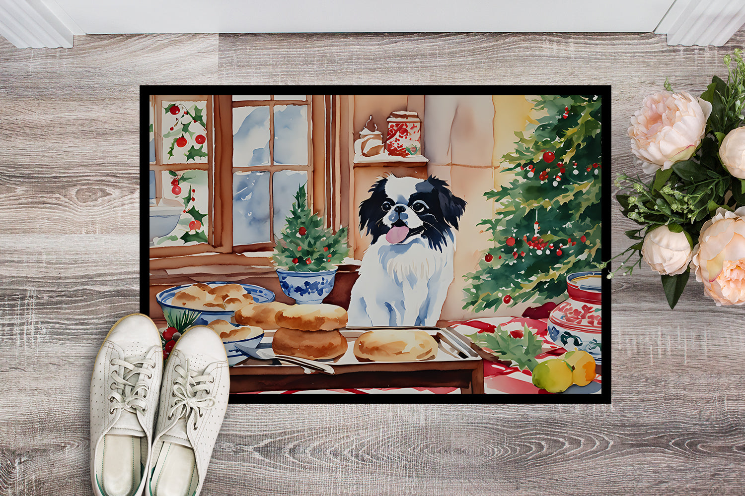 Japanese Chin Christmas Cookies Doormat Indoor Outdoor 24H X 36W Front Door Mat Rugs for Entryway, Non Slip Washable Low Pile,