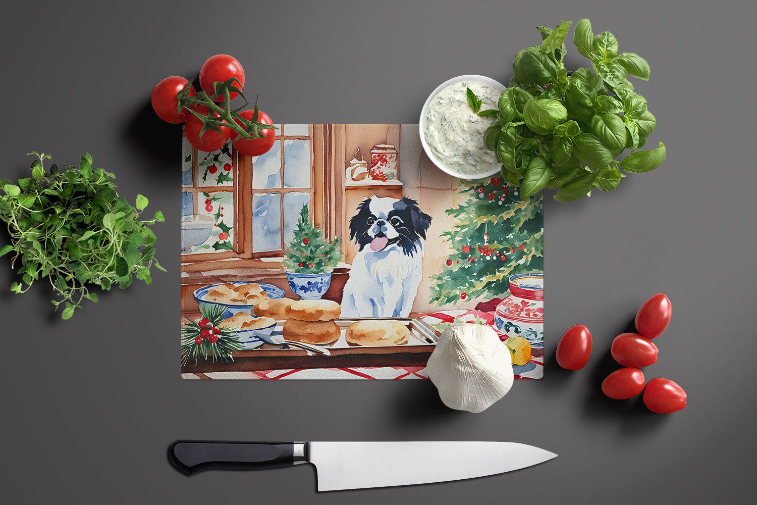 Japanese Chin Christmas Cookies Cutting Board Tempered Glass Kitchen Cutting Surface, Heat Resistant Chopping, Non-Slip Feet, Food Prep & Serving