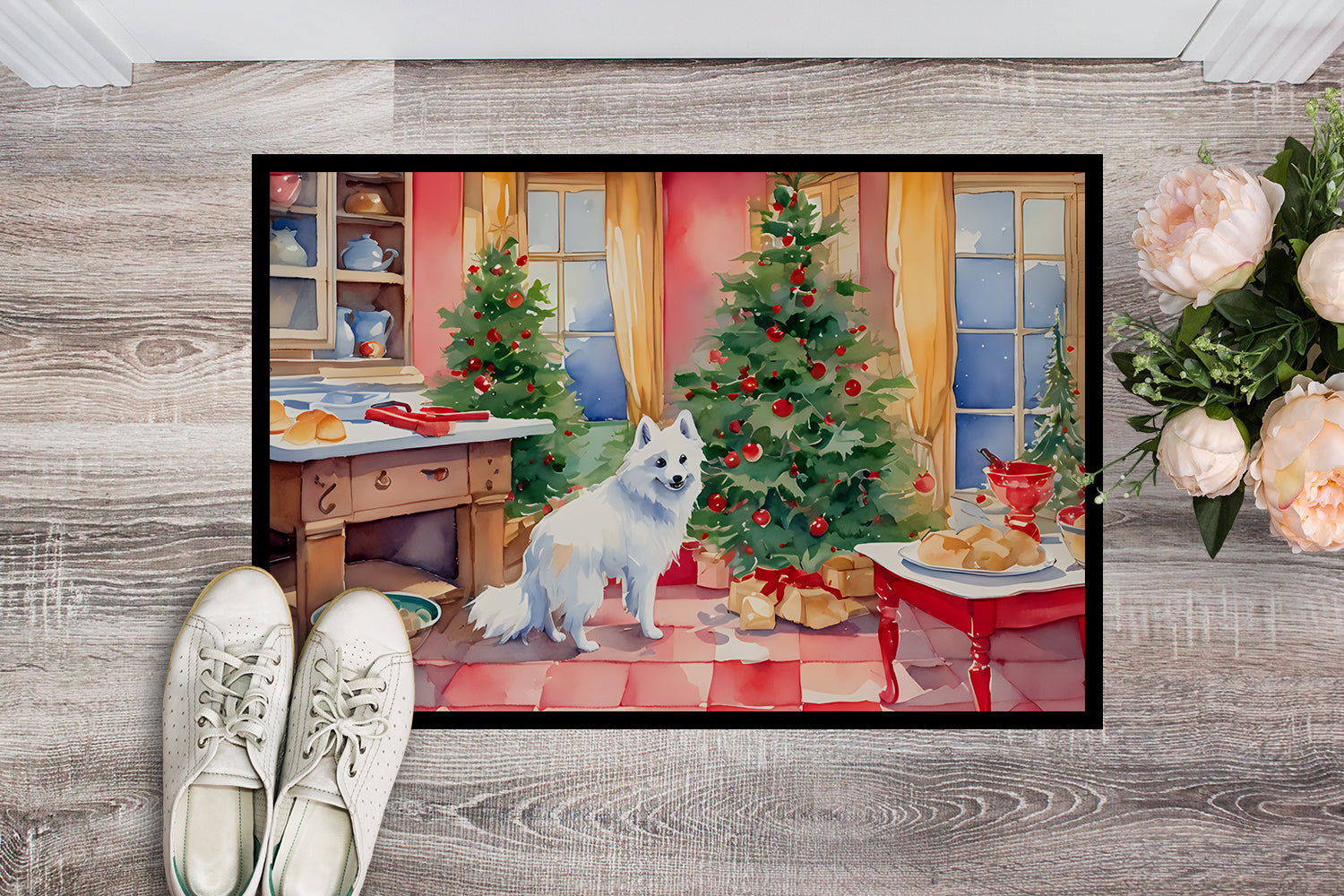 Japanese Spitz Christmas Cookies Doormat Indoor Outdoor 18H X 27W Front Door Mat Rugs for Entryway, Non Slip Washable