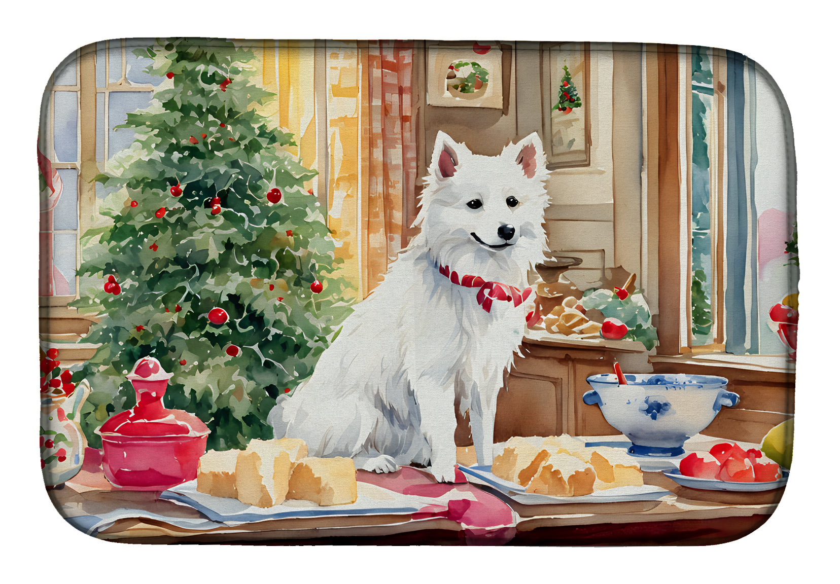 Japanese Spitz Christmas Cookies Dish Drying Mat Absorbent Dish Drying Mat Pad for Kitchen Counter Dish Drainer Mat for Countertop, 14 x 21", Multicolor