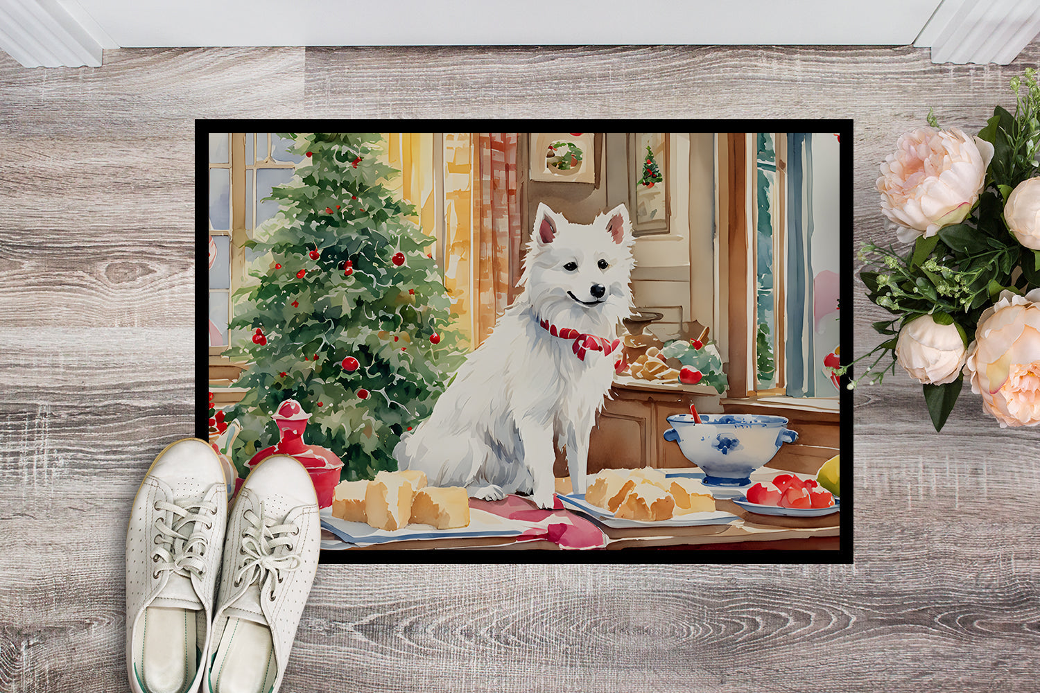 Japanese Spitz Christmas Cookies Doormat Indoor Outdoor 24H X 36W Front Door Mat Rugs for Entryway, Non Slip Washable Low Pile,