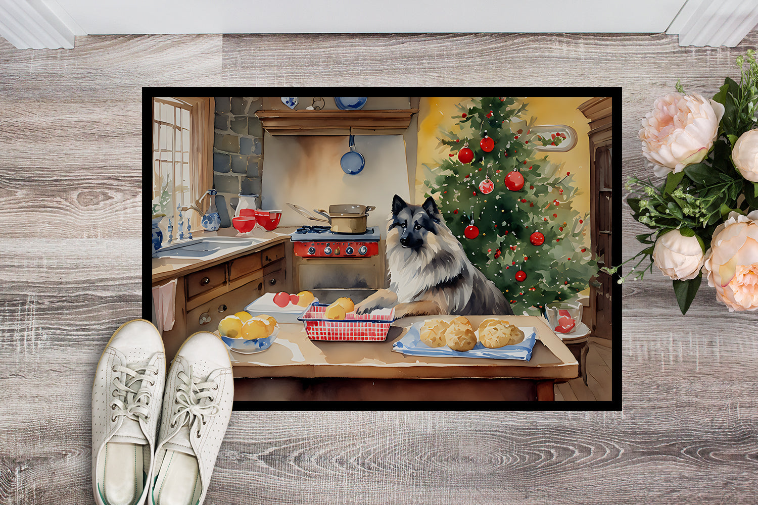 Keeshond Christmas Cookies Doormat Indoor Outdoor 18H X 27W Front Door Mat Rugs for Entryway, Non Slip Washable