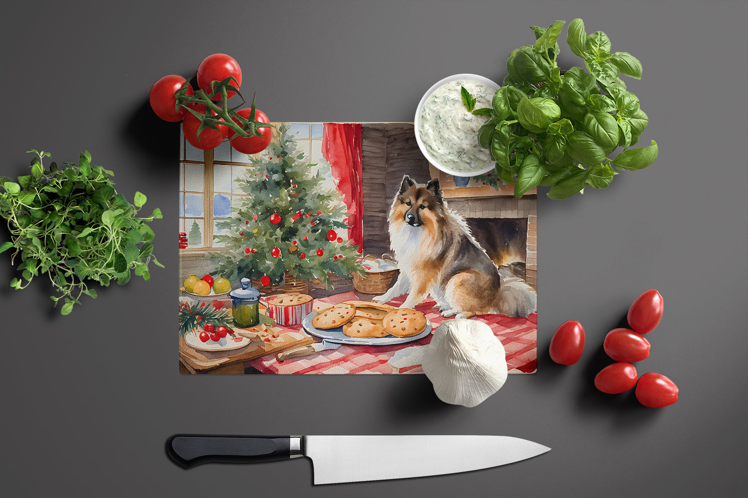 Keeshond Christmas Cookies Cutting Board Tempered Glass Kitchen Cutting Surface, Heat Resistant Chopping, Non-Slip Feet, Food Prep & Serving