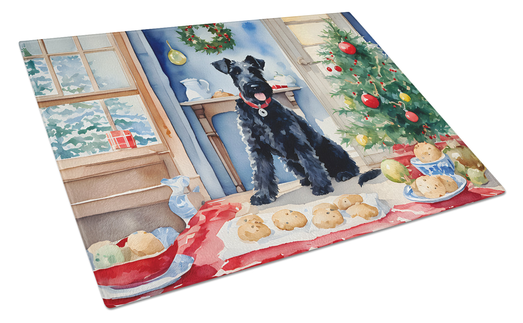 Kerry Blue Terrier Christmas Cookies Cutting Board Tempered Glass Kitchen Cutting Surface, Heat Resistant Chopping, Non-Slip Feet, Food Prep & Serving