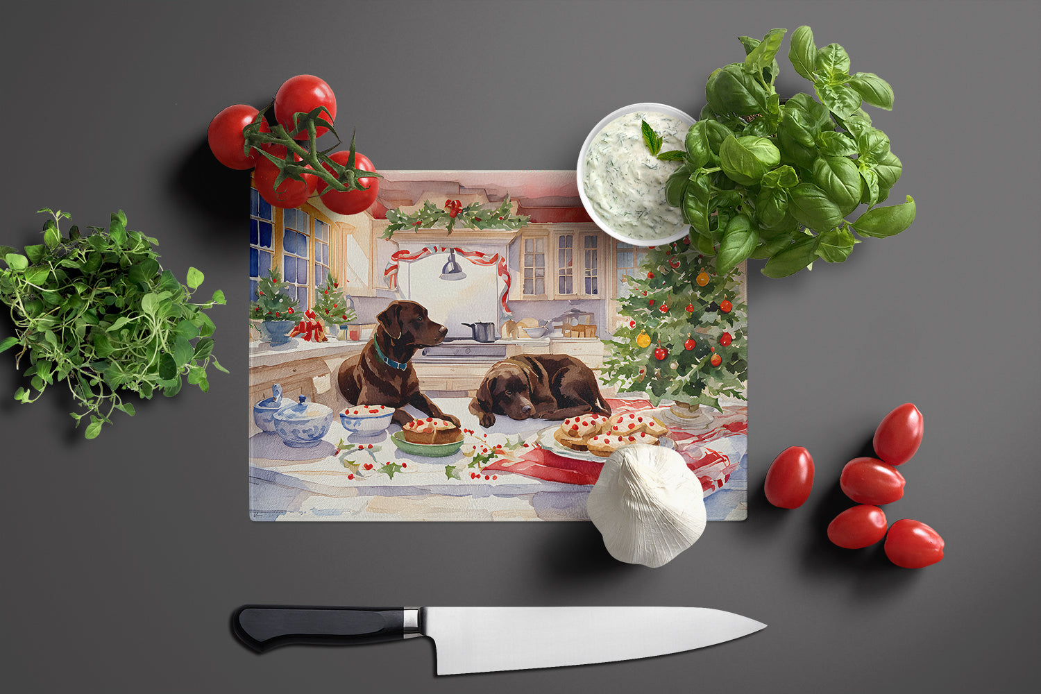 Labrador Retriever Christmas Cookies Cutting Board Tempered Glass Kitchen Cutting Surface, Heat Resistant Chopping, Non-Slip Feet, Food Prep & Serving
