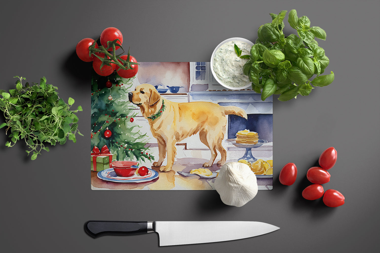 Labrador Retriever Christmas Cookies Cutting Board Tempered Glass Kitchen Cutting Surface, Heat Resistant Chopping, Non-Slip Feet, Food Prep & Serving