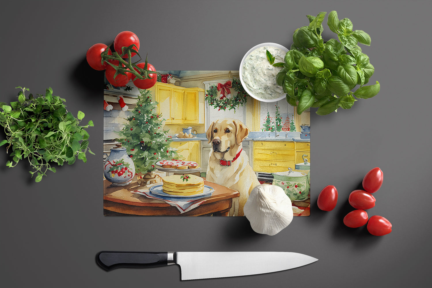 Labrador Retriever Christmas Cookies Cutting Board Tempered Glass Kitchen Cutting Surface, Heat Resistant Chopping, Non-Slip Feet, Food Prep & Serving
