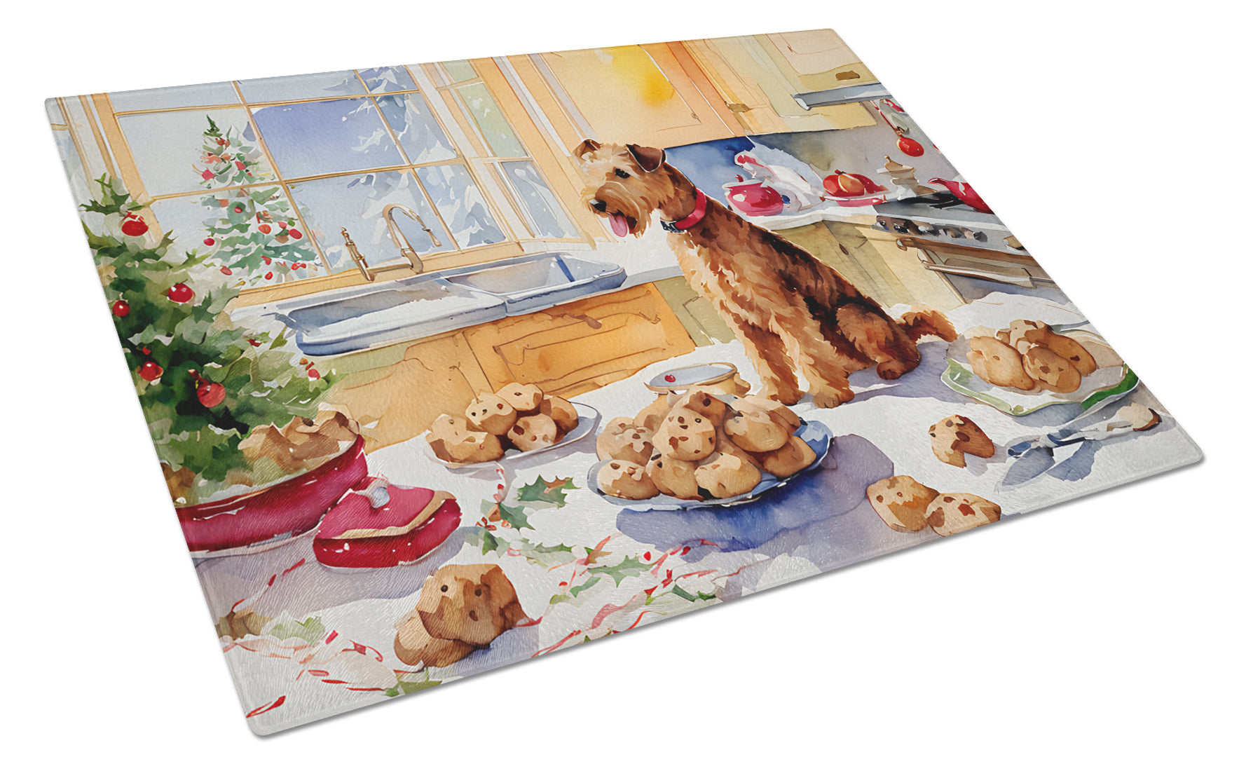 Lakeland Terrier Christmas Cookies Cutting Board Tempered Glass Kitchen Cutting Surface, Heat Resistant Chopping, Non-Slip Feet, Food Prep & Serving