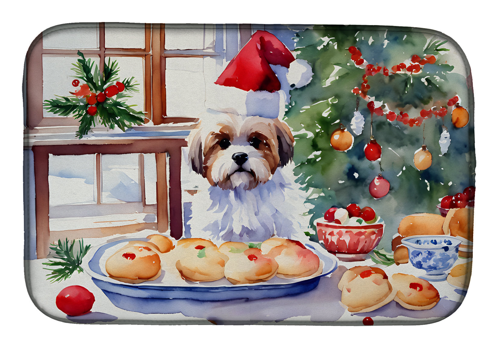 Lhasa Apso Christmas Cookies Dish Drying Mat Absorbent Dish Drying Mat Pad for Kitchen Counter Dish Drainer Mat for Countertop, 14 x 21", Multicolor